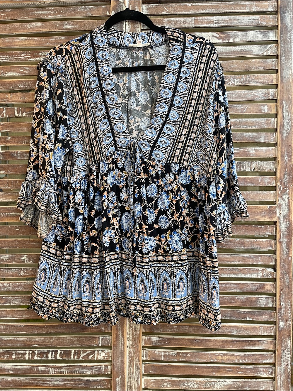 Boho Floral V-Neck Peasant Blouse — Blue on Black